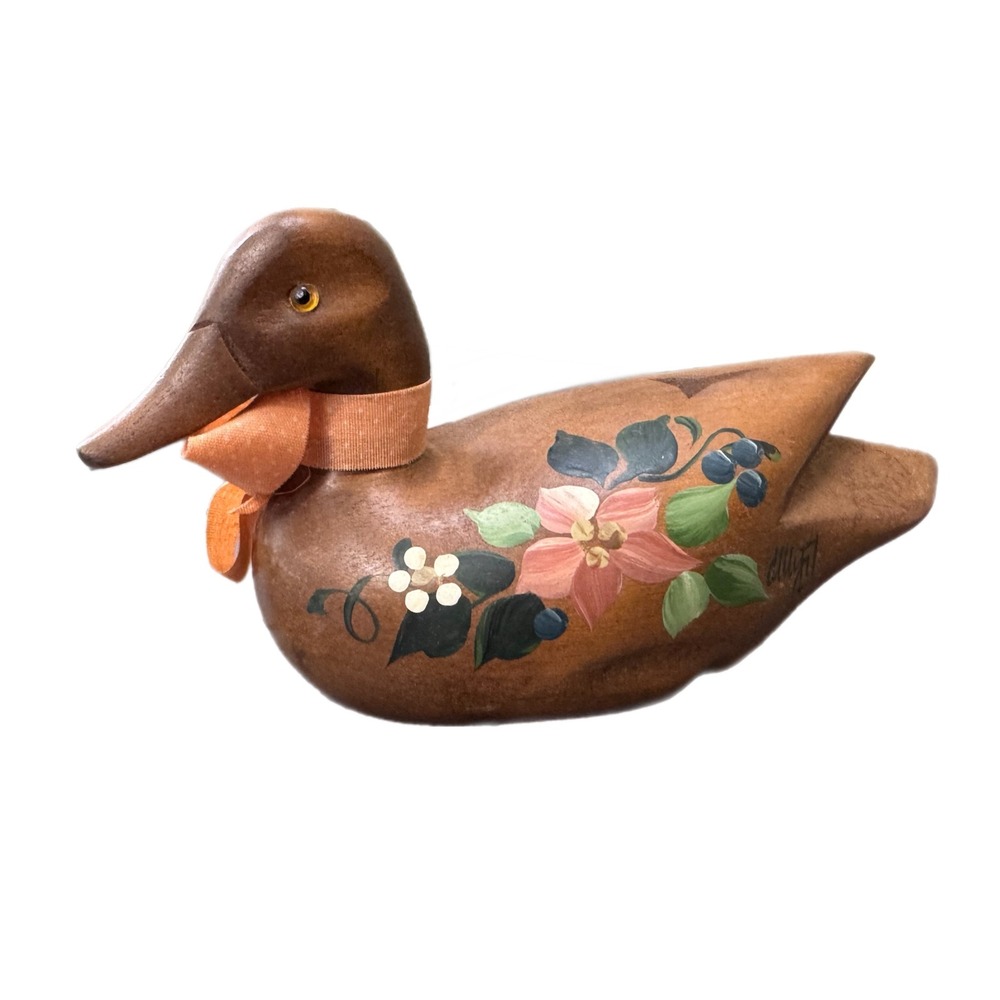 Vintage Signed Hand Painted Wooden Duck Decoy Floral Folk Art Figurine Brown